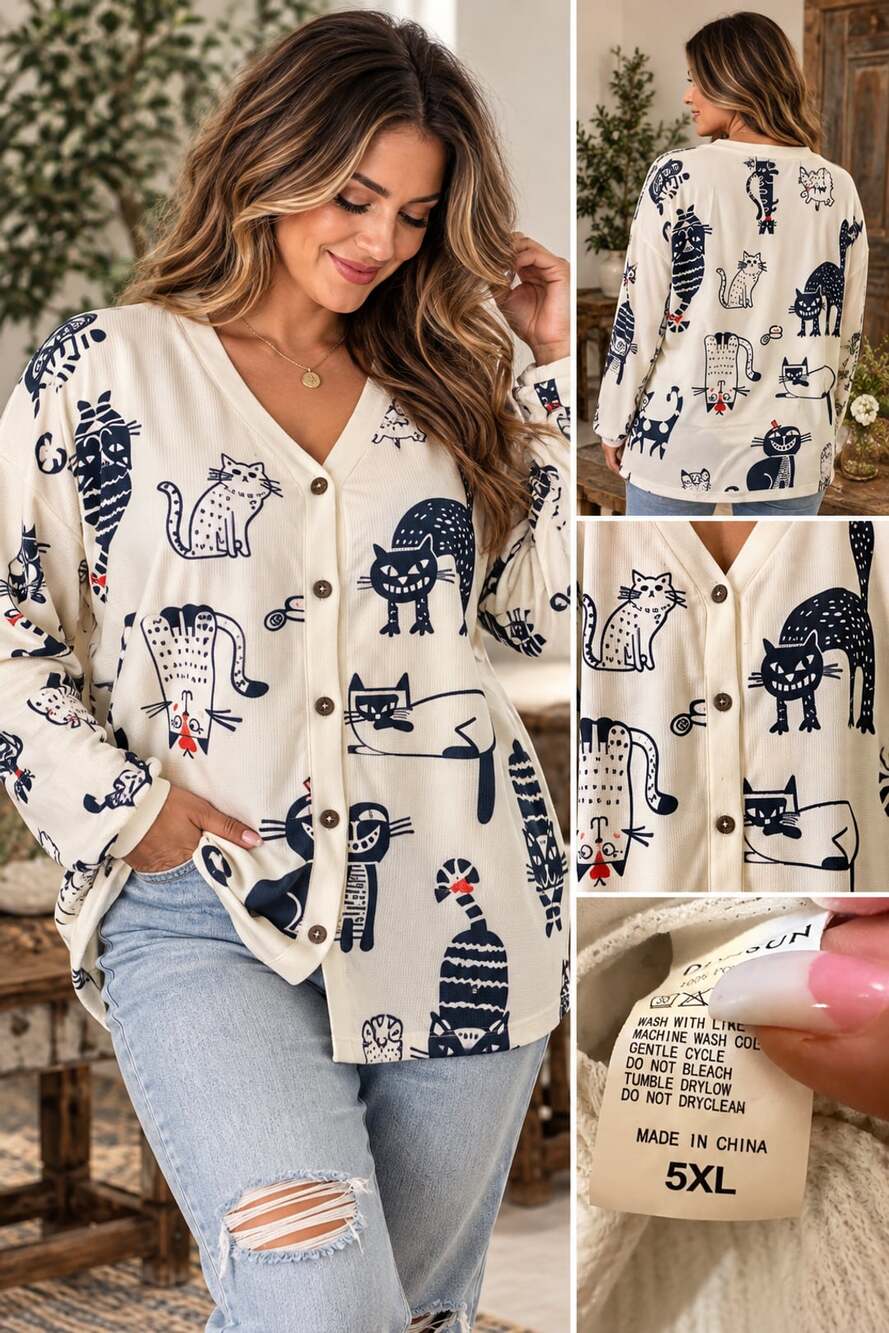 Ding Sun Cartoon Cat Print Cardigan Size 5XL White Black V-Neck Sweater